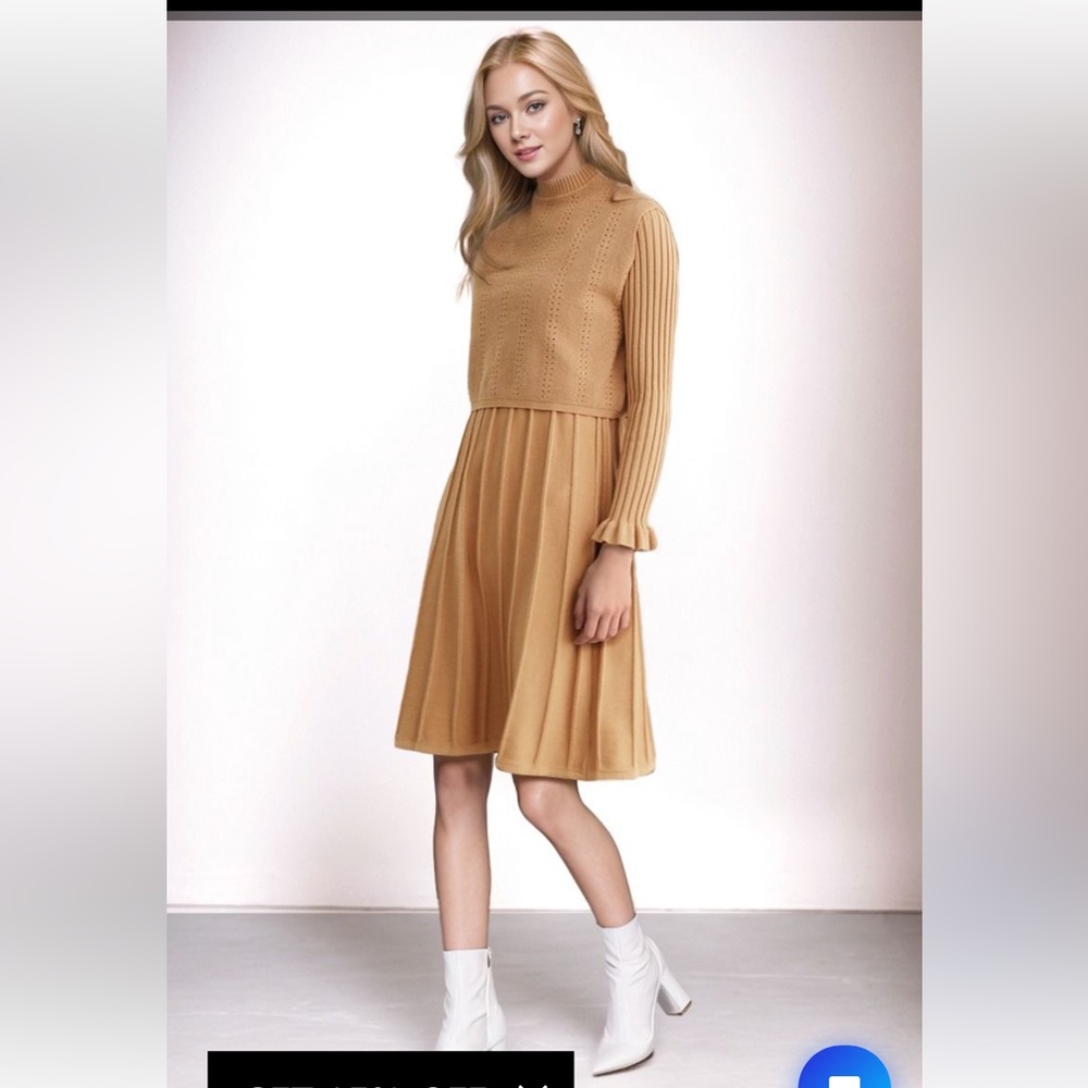 Mock Neck Pleated Knit Twinset Dress in Apricot